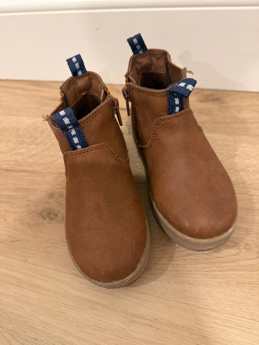 Cat & Jack Brown Ankle Booties with Navy Pull Tabs